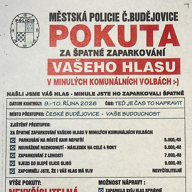 Kapitán Dezolát rozdává jménem strážníků falešné pokuty. Leták Motoristů řeší policie
